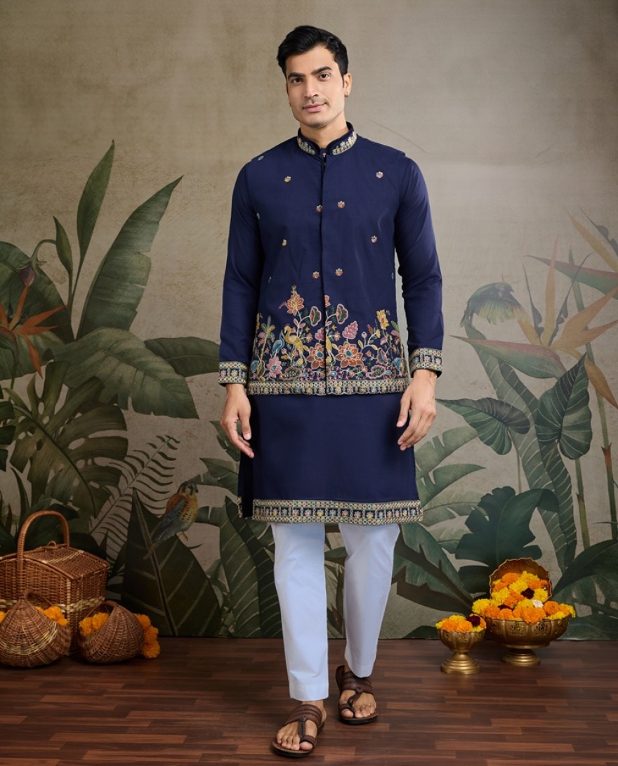 61234-navyblue - Stylish Navy Men's Kurta Koti Set – Elegant & Trendy